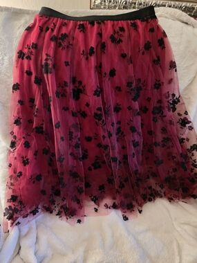 Red Tulle Skirt With Black Floral Overlay